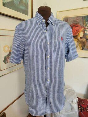 Ralph Lauren Classic Fit Blue Striped 100% Linen Shirt Size Small